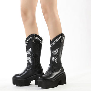 Women embroidered butterfly chunky heel platform knee high black boots