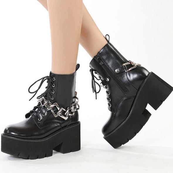 Women motorcycle boots chain decor black lace up chunky heel platform boots