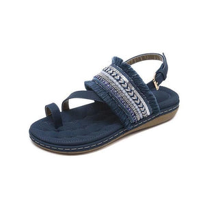Women blue boho flower embroidery ring toe beach sandals