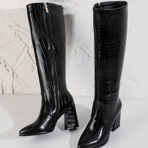 Women crocodile pattern chunky heel pointed toe knee high boots