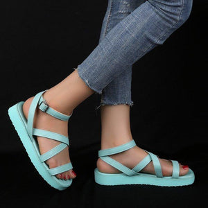 Women peep toe buckle criss cross ankle strap flat sandals