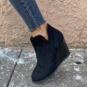 Women high heel side zipper v cut wedge boots