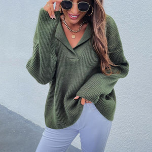 Women turn-down collar v neck long sleeve knit sweater