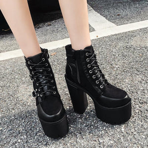 Women platform chunky heel lace up prom punk black boots