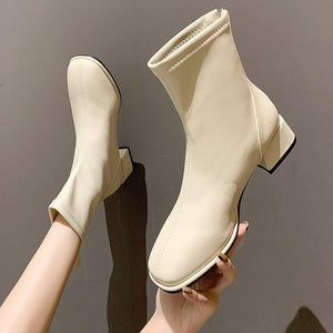 Women chunky heel back zipper short square toed boots