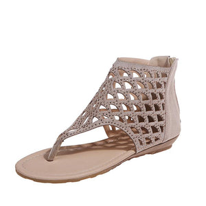 Women rhinestone hollow breathable clip toe back zipper flat sandals