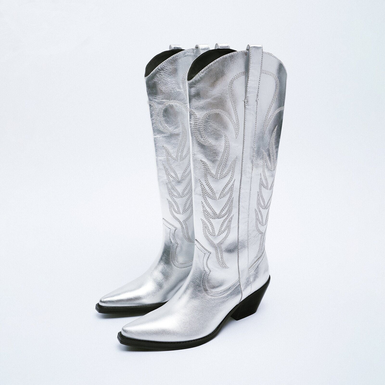 Women silver cowgirl boots | Embroided chunky heel knee high boots | Side zipper chelsea boots