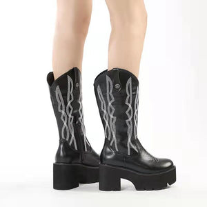Women embroidered western chunky platform knee high boots