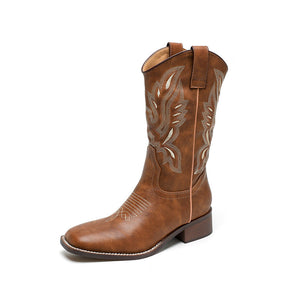 Women western cowgirl boots | Chunky heel embroidered mid calf boots | Fall slip on brown boots