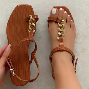 Women square toe chain d¨¦cor ankle strap flat sandals