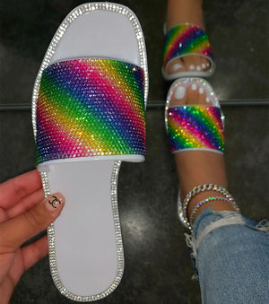 Women rainbow sparkly rhinestone strap square toe flat slide sandals