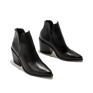 Women fashion pointed toe side v cut back zipper chunky ankle boots