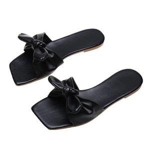 Women bowknot square peep toe summer flat slide sandals