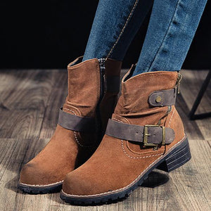 Women buckle strap chunky heel side zipper short boots