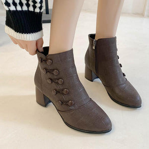 Women double breasted chunky heel side zipper ankle boots