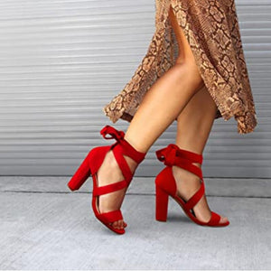 Women chunky heel open toe criss cross strappy lace up heels