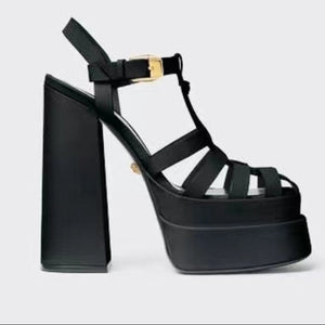 Women square toe platform hollow strap slingback chunky high heels