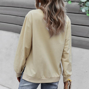 Women solid color long sleeve button pullover crewneck sweatshirt