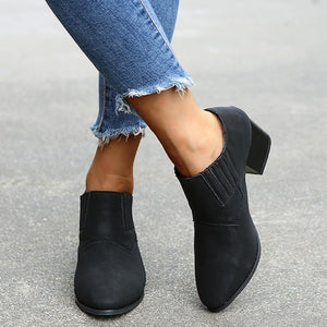 Women pointed toe chunky heel slip on ankle boots