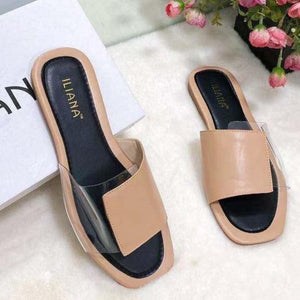 Women color block clear strap peep toe fashion slide flat sandals