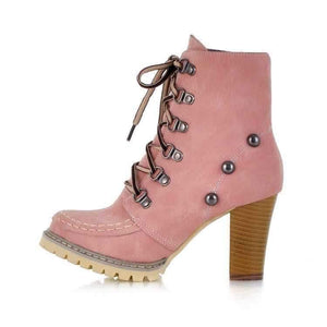 Women studded lace up chunky high heel boots