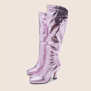 Women square toed sequin stiletto high heel knee high boots