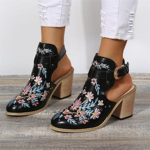 Women embroidered closed toe slingback buckle strap chunky heel boots