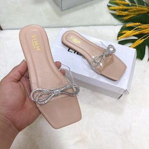 Women rhinestone bowknot square peep toe slide flat sandals