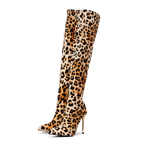 Women over the knee stiletto pointed toe leopard print boots