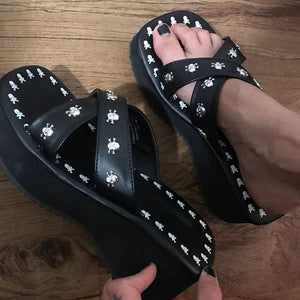 Women summer criss cross peep toe chunky platform slides