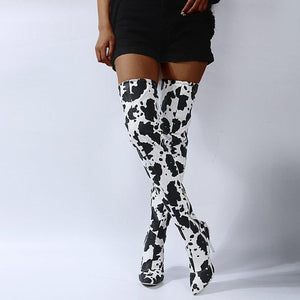 Women fashion printed stiletto high heel pointed toe over the knee boots