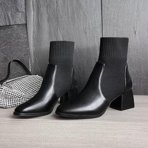 Women knit solid color chunky heel round toe short boots