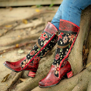 Women retro embroidered flower chunk heel knee high boots