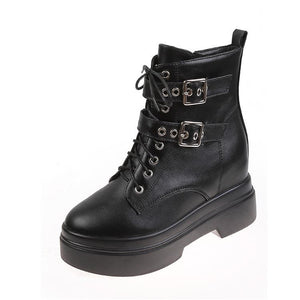Women studded buckle strap lace up short black boots