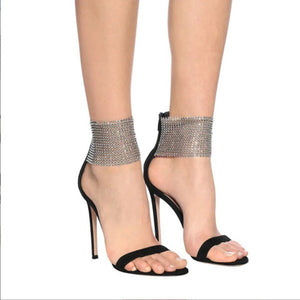 Women ankle rhinestone ring strap open toe hollow stiletto black heels
