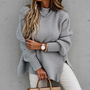 Women long sleeve pullover chunky knit slit-hem sweater