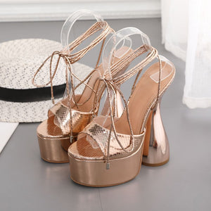 Women chunky heel strappy lace up peep toe platform heels