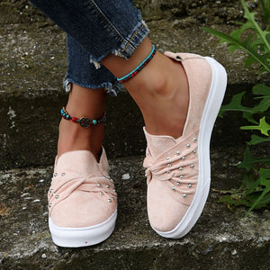 Women rhinestone twist round toe flat slip on sneaker