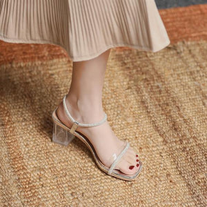 Women rhinestone strap summer slip on clear chunky heels