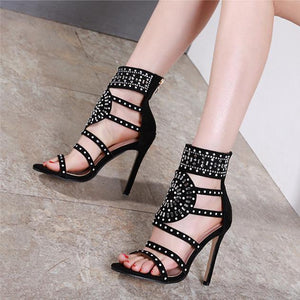 Women sexy peep toe rhinestone floral strappy black high heels