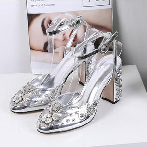 Women chunky studded ankle buckle strap closed toe heels