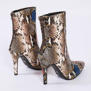 Women pointed toe stiletto high heel fashion snakeskin booties