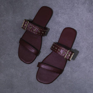 Women two strap buckle studded casual slide flat sandals