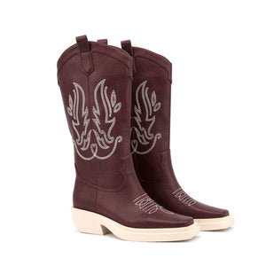 Women square toe chunky heel embroidered mid calf boots