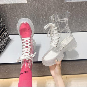 Women sock slip on lace up clear short platform boots