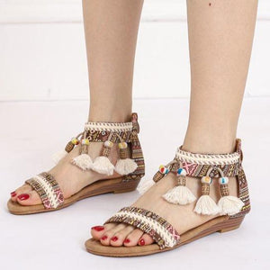 Women bohemian fringe travel holiday slip on flat sandals