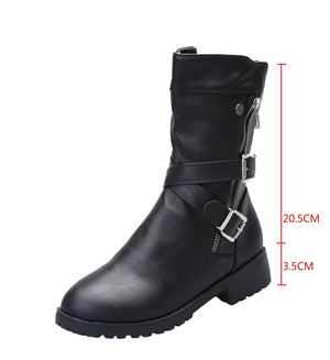 Women mid calf boots | Crisscross buckle strap side zipper motorcycle boots | Winter fashion boots