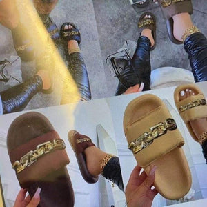 Women thick sole chain d¨¦cor strap slide flat sandals