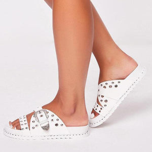 Women peep toe studded buckle strap slide platform sandals