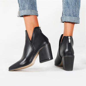 Women fashion pointed toe side v cut back zipper chunky ankle boots